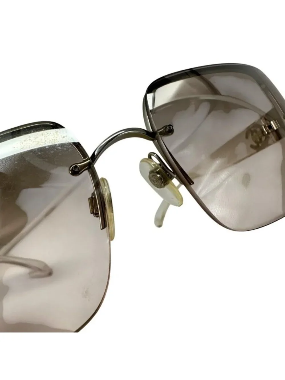 Chanel Sunglasses CC Logo Vintage Square Half Rimless Metal Acetate Clear Brown